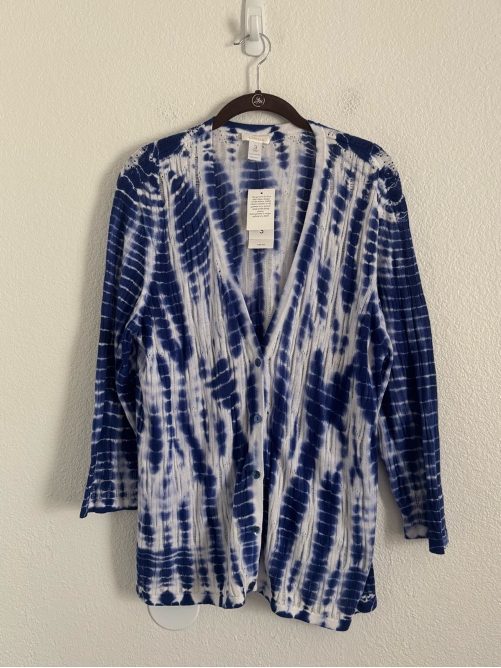 NWT Chico's Women's Size 3 (XL) Blue Tie Dye Shadow Cardigan Sweater